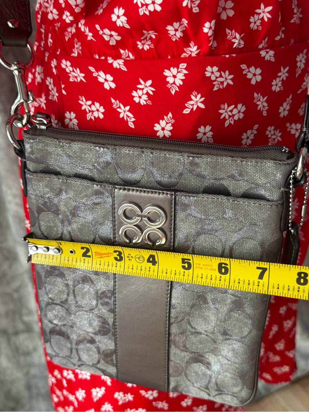 Coach Gray Signature Crossbody Bag Silver Metallic Jacquard Y2K Mini Purse - Picture 9 of 10